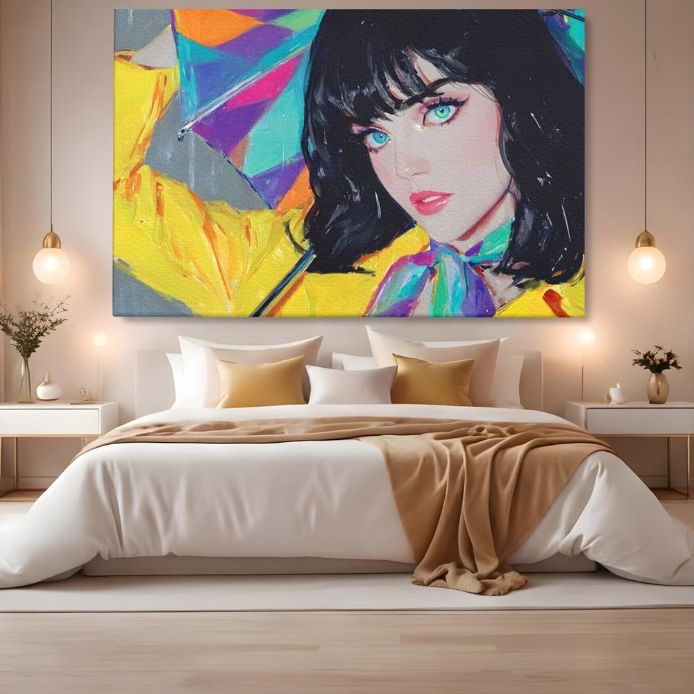 Tablou canvas cu pictura cu femeie bruneta si umbrela colorata, fara rama, pe sasiu de lemn, pe perete intr-un dormitor
